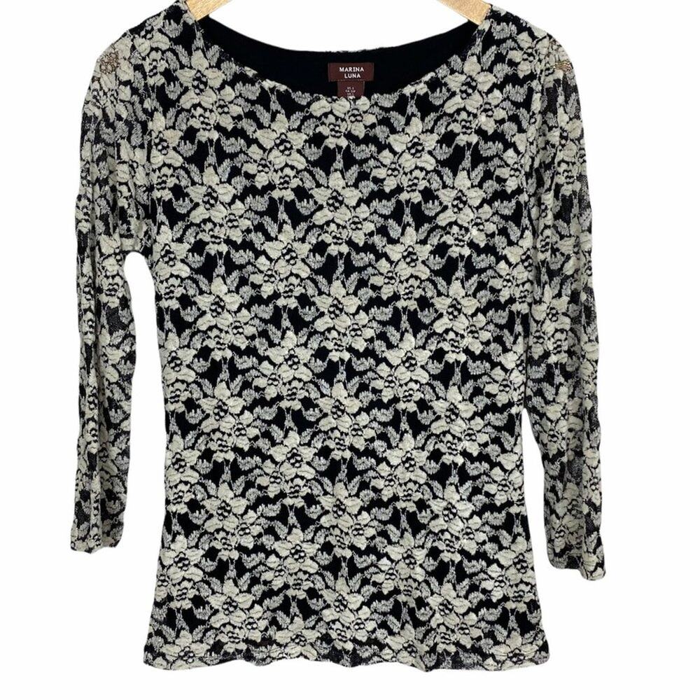Marina Luna Black White Lace Romantic Floral Classy Quarter Sleeve Top Small